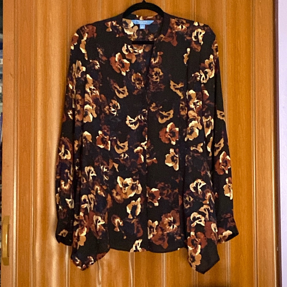 Simply Vera Vera Wang Asymmetrical Black and Brown Mandarin Collar Blouse Size L - Picture 2 of 10